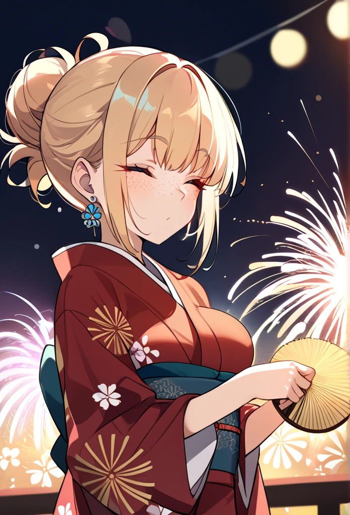 1girl, solo, masterpiece, best quality, (anime art style:1.0), score_9, score_8_up, score_7_up, source_, blushing, hair up in a neat bun, blonde hair, closed eyes, light makeup, Breast Implants - XL, kimono, green and Orange holding a gold fan in her hand, fireworks overhead, Japanese festival background/landscape, freckles, flower earrings