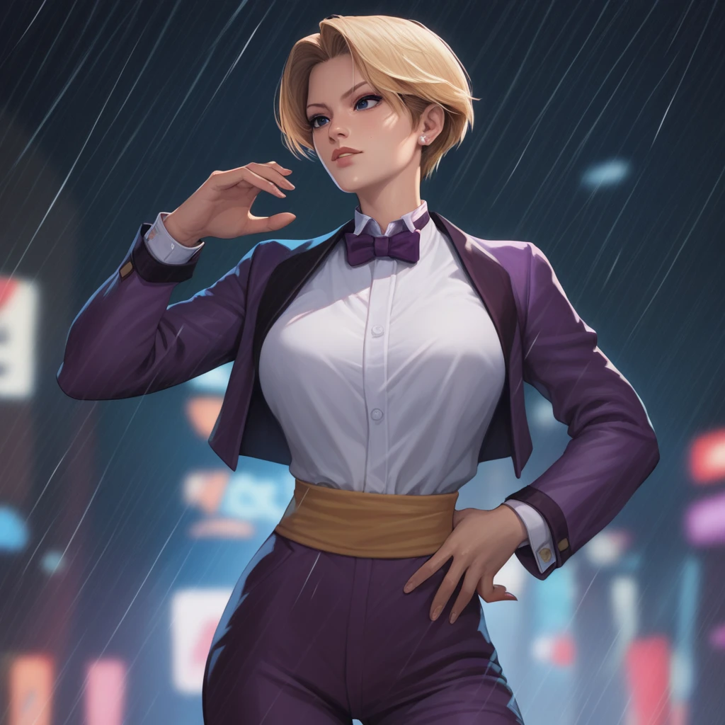 busty woman (realistic, score_9, score_8_up, score_7_up, score_6_up, score_5_up, score_4_up, 1girl, KOFKing, short blonde hair, large breasts, bowtie, purple jacket, purple pants), in a sequence of 3 moments, taking clothes off, on a rain