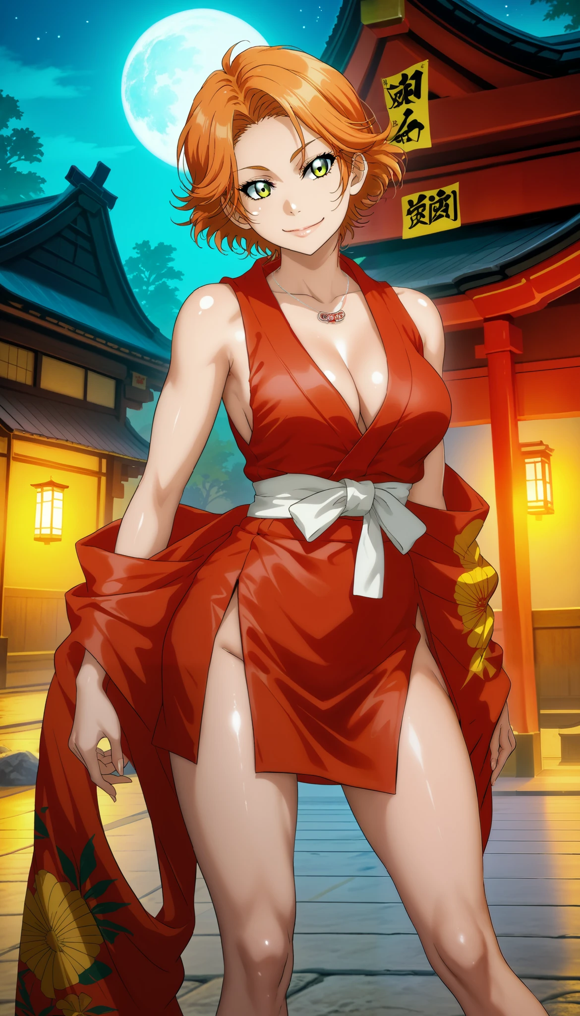 1girl, short hair, orange hair, standing, necklace, sporty athletic build, confident pose,2D, cell shading, anime style, video game art, sharp lines, vibrant colors, retro style,big breaats, breasts outlines,RUKIA Style, from side, gluteal cleft,slutty smile, closed mouth, red outfit, sexy yukata, cleavage, thigh slit, leg exposure, short dress, exposed shoulders, shiny skin, narrow shoulders, night, shrine, prostitute