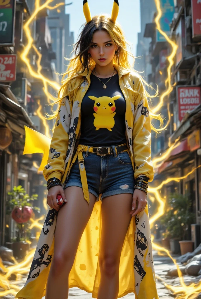  A sexy female adult with black eye, mixture black and yellow coloured hair, has pikachu's horn and tail, wearing Pikachu t-shirt themed, short jeans, and yellow-black sneakers. She is standing in the middle of a futuristic town, with yellow lightning effects and Pokeball. Make it realistic. 