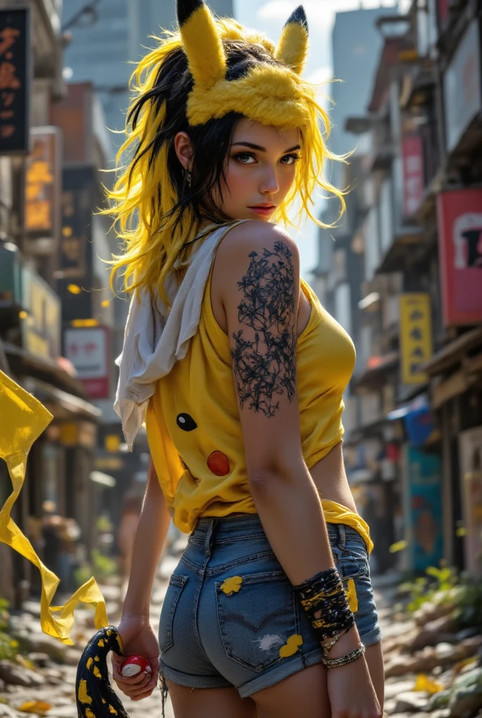  A sexy female adult with black eye, mixture black and yellow coloured hair, has pikachu's horn and tail, wearing Pikachu t-shirt themed, short jeans, and yellow-black sneakers. She is standing in the middle of a futuristic town, with yellow lightning effects and Pokeball. Make it realistic. 