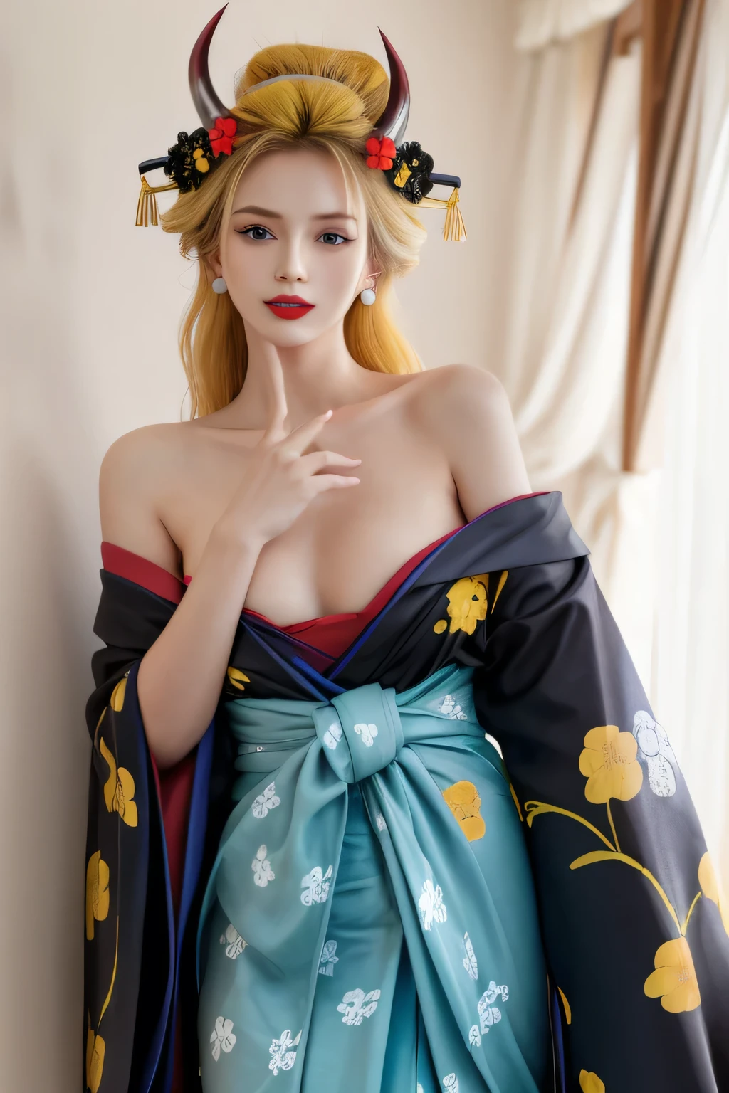 (masterpiece, highest quality:1.2), alone, One girl, Black Maria, lipstick, Recall, Blonde hair, Beautiful eyes, A faint smile Hairpin, Hair Flowers, horn, V-shaped eyebrows, kimono, Black kimono, Little Yellow and blue flower pattern kimono, Off the shoulder, Earrings, Exposing shoulders, Tempt, Kimono that only covers the breasts and Covering up below the shoulders, in beach
