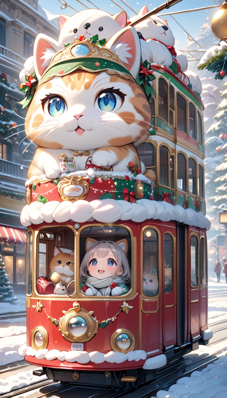 (masterpiece, ultra-detailed, best quality, clear focus, dramatic scene, cinematic), shadow, (ultra-high resolution, 8k), perfect anatomy, perfect face, (detailed face, detailed eye, chibi), cute Japanese chibi girl, famous Japanese chibi idol, very beautiful and cute and cool face, (wearing a casual winter outfit with down jacket, woolen scarf and glove:1.2), (large breasts), long boots, (She is driving a gorgeously Christmas decorated cute double-decker tram with a giant fat cat:1.3), the decorated Christmas gift box and the decorated Christmas trees are on the tram, snow-covered road, there are stores at the street are gorgeously decorated with Christmas decorations, professional lighting, (detailed very cute fluffy giant cat is mewing:1.3), she looks so happy, happy smile