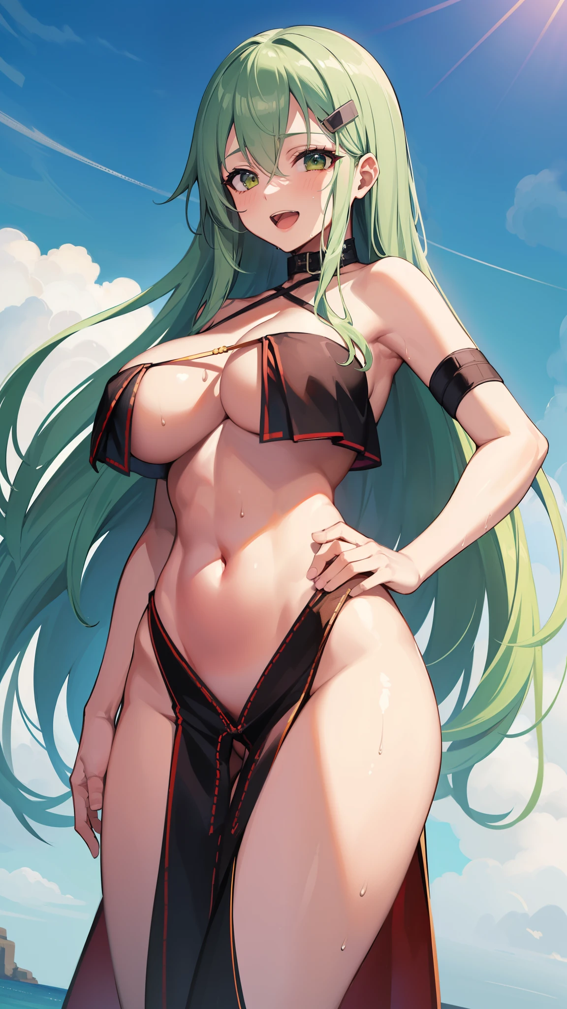 smile,hairclip,long hair,green hair,huge breasts, wide hips,open mouth  ,   ,light,   ,cowboy shot,,,evil smile,,sweat body,wet body,game cg,pelvic  long curtain, cleavage,, solo,navel,,,cleavage,suzuya（kancolle）,suzuya（kantai collection）,standing,hands on hip,blue sky,outdoor,(((Masterpiece, Ultra HD, High Definition, Ultra HD 8K))),, standing, cowboy shot, pelvic long curtains, criss-cross halter neck, thigh straps, (white knee socks), armband