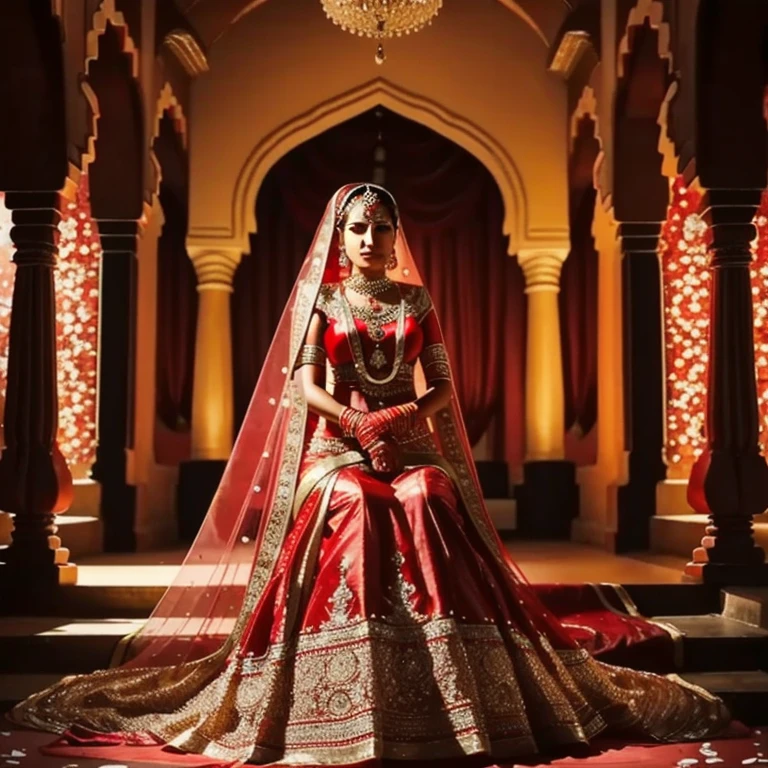 8k,  ultra detailed ,  an Indian bride aged 18 and over , super hot,  red wedding dress Lanhga , jewelry, wedding venue background  