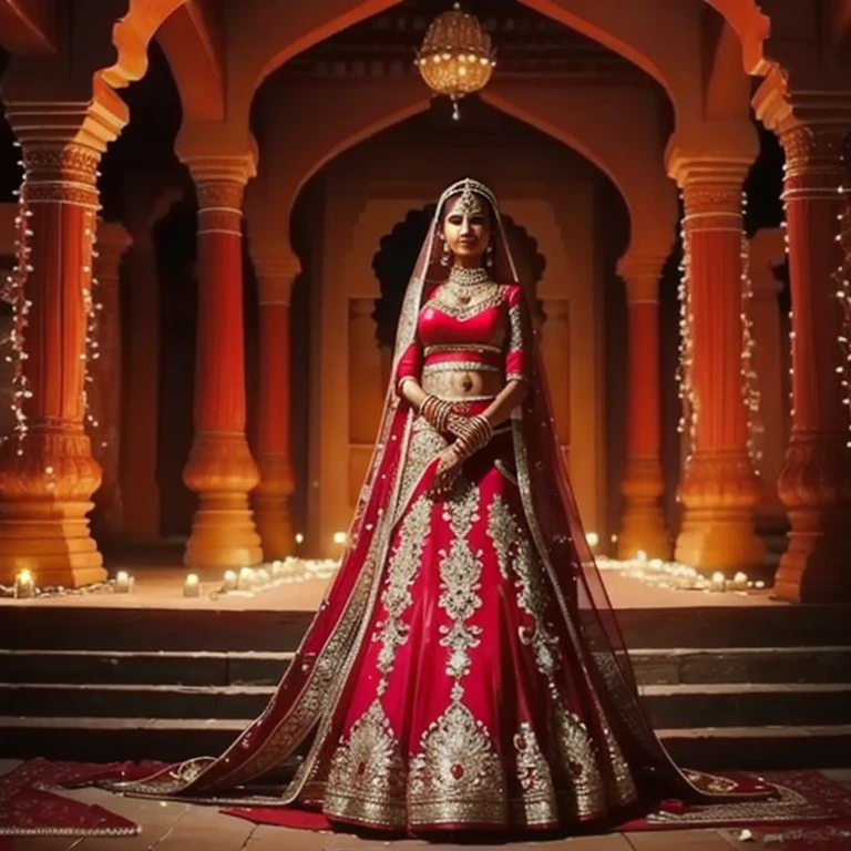 8k,  ultra detailed ,  an Indian bride aged 18 and over , super hot,  red wedding dress Lanhga , jewelry, wedding venue background  