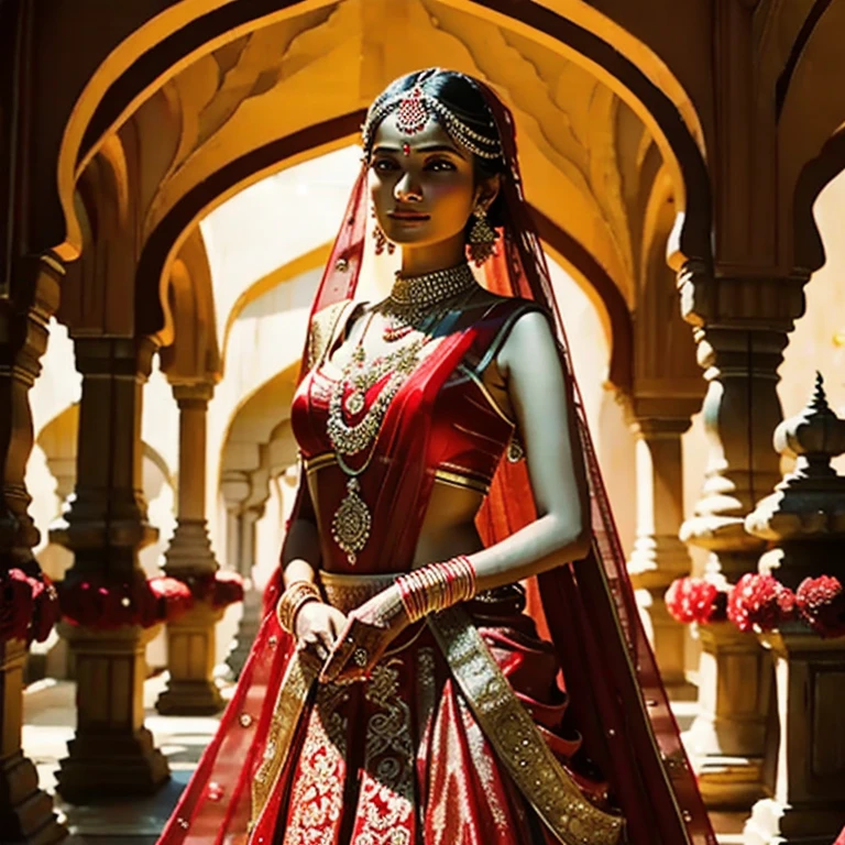 8k,  ultra detailed ,  an Indian bride aged 18 and over , super hot,  red wedding dress Lanhga , jewelry, wedding venue background  