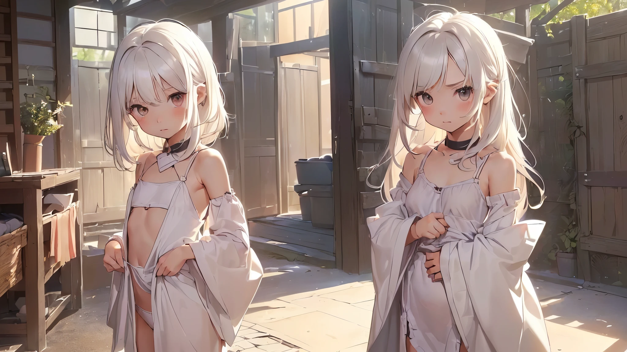 Neko girl With Brown skin, With medium wavy brown hair with platinum blonde highlights, and dark brown eyes, With big breasts A little on display