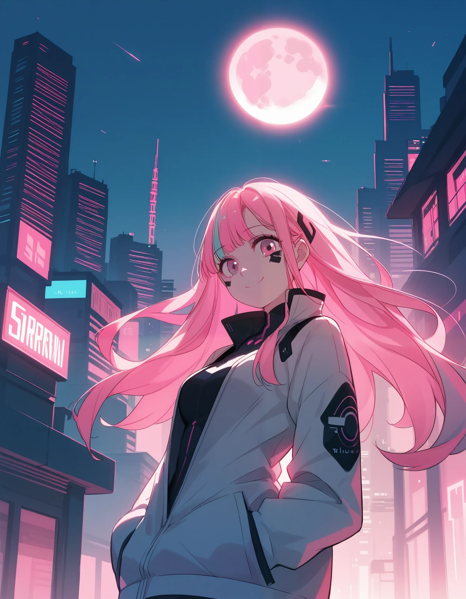 score_9, score_8_up, score_7_up,, colorful, 1girl, colorful, colorful, cyberpunk, ladder, looking at viewer, moon, multicolored hair, two-tone hair, pink theme, long hair, solo, closed mouth, limited palette, full moon, building, smile, outdoor, city lights, masterpiece, best quality, newest, very awa