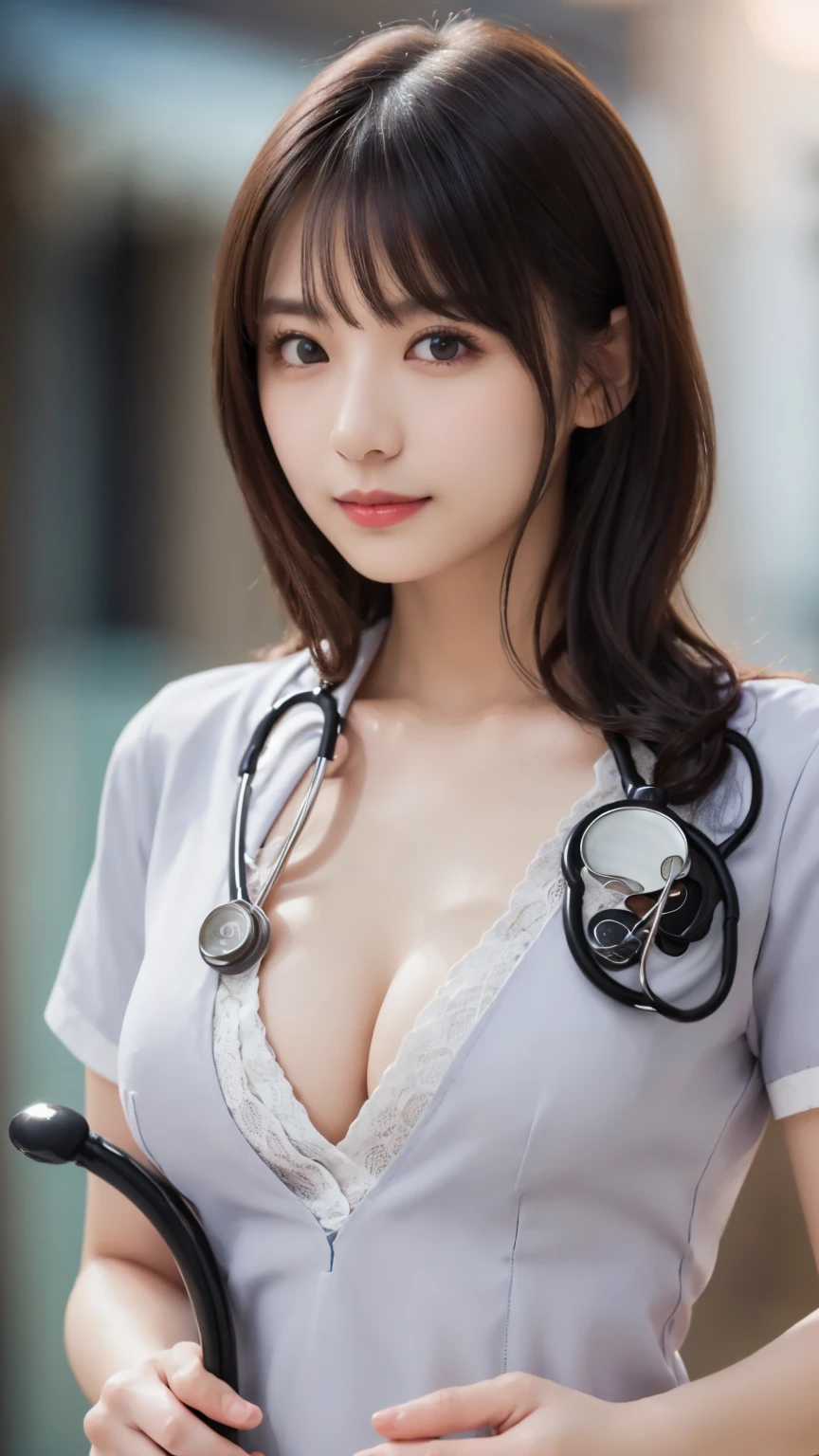 ( nurse uniform  : 1.5), (White Nurse : 1.5), (Holding a stethoscope : 1.5), ( curled hair  : 1.5), (upper body : 1.5),  pose、(Delicate and realistic hair, Realistic black Hair), bangs, smile, ((white indoor)), ( police clothes : 1. 2), young and adorable Japanese face, Official Art, high definition CG Unity 8k wallpaper,Ultra high definition ,Very detailed, half photos with Brazil, high definition , Kodak Portrait 400, film grain , lens flare glow, best quality,8k, as a portrait shot,8k, Show viewer , ((masterpiece)), (( best quality)), ( super detailed), ((cute)), (( sexy)), (( Very detailedな)), (detailed clothing features), (beautiful), Illustration, beautiful Japanese woman, ((1 female)), (Bold Cleavage : 1.3)