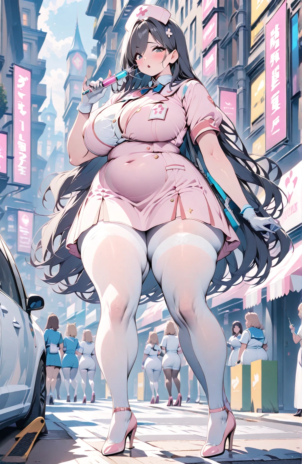 Pink nurse uniform　Long black hair white pantyhose stockings　　 very big breasts　 plump thighs 　 high heels　syringe　outside　In the city　