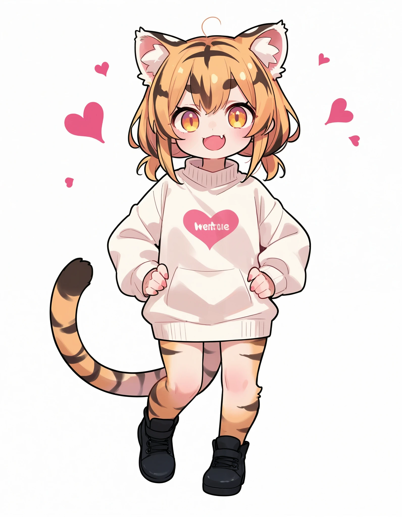 score_9, score_8_up, score_7_up,, colorful, furry, heart, paw pose, simple background, smile, sweater, tail, tiger ears, tiger tail, black footwear, hands on own hips, :3, tiger girl, looking at viewer, white background, fang, chibi, animal ear, standing, animal ear fluff, masterpiece, best quality, newest, very awa