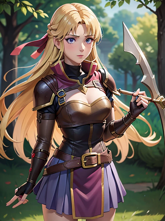 masterpiece, best quality, 1girl, Clarisse (Fire Emblem), long blonde air, indigo eyes, red top, brown leather chest plate, fingerless gloves, purple skirt, belt, she’s holding a bow in one hand, sheaf wrapped behind her back, sheaf filled with arrows
