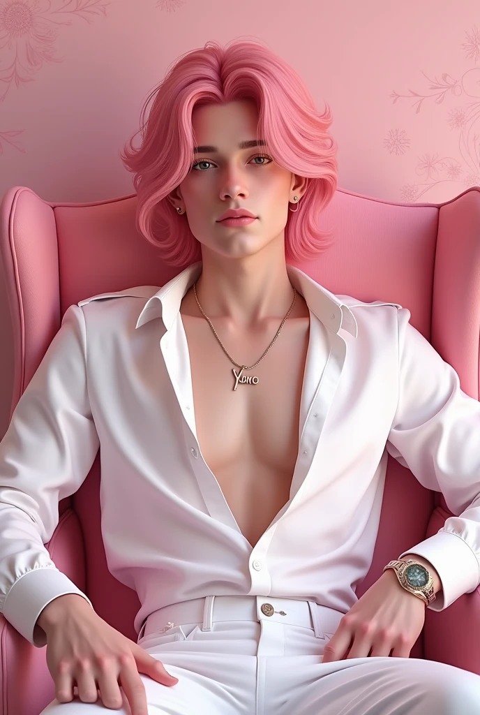 (best quality), 1boy, Male, 25 years old, young man, white skin, medium hair, curtained hair, pink hair, hazel eyes, perfect eyes, handsome, strong jawline, smirk, slender, grunge clothes, fully clothed, masterpiece, anatomically correct, highres
