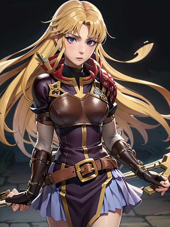 masterpiece, best quality, 1girl, Clarisse (Fire Emblem), long blonde air, indigo eyes, red top, brown leather chest plate, fingerless gloves, purple skirt, belt, she’s holding a bow in one hand, sheaf wrapped behind her back, sheaf filled with arrows
