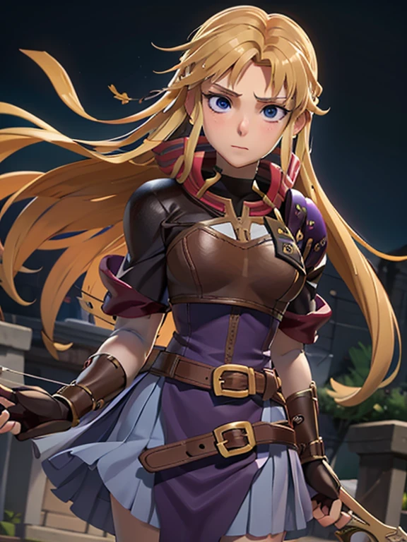 masterpiece, best quality, 1girl, Clarisse (Fire Emblem), long blonde air, indigo eyes, red top, brown leather chest plate, fingerless gloves, purple skirt, belt, she’s holding a bow in one hand, sheaf wrapped behind her back, sheaf filled with arrows
