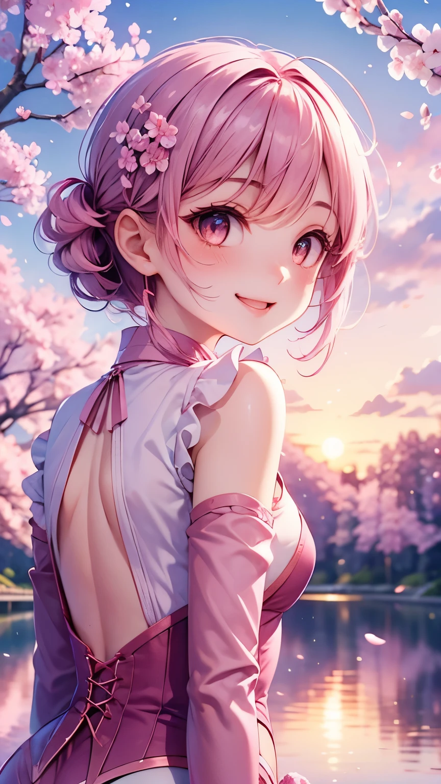 cherry blossomsミク,  upper body, smile, ,  behind your butt, ((cherry blossoms)), ((Pink sleeves)), Pink Tone, (( pink stockings)), Pink Sky, sunset, lake, reflection