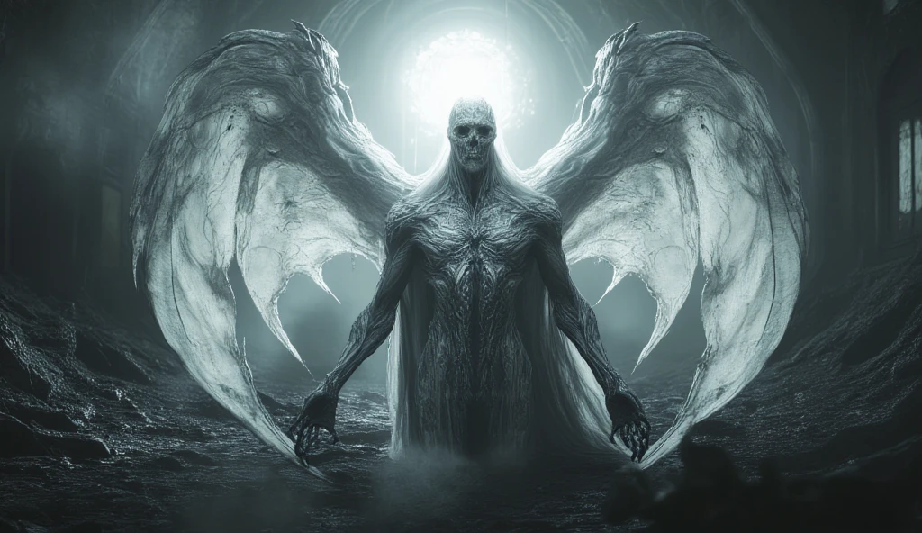 A dragon of paradise with white angel wings. He is clad in white armor, which is covered with cracks, from which the sacred light shines. He is in hell, but there is a sacred light shining behind him. Horror