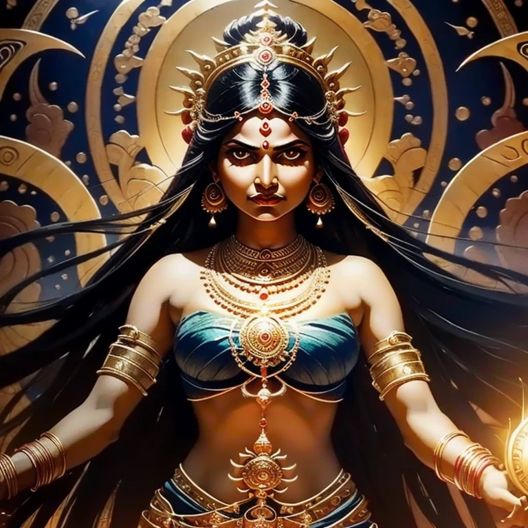 " Dazzling representation of the goddess Kaali with a divine aura in four hands, fierce and powerful,  dark dark night killing monster , Kaali's angry face .