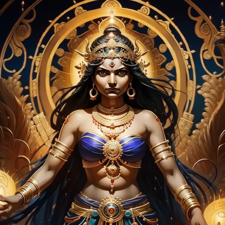 " Dazzling representation of the goddess Kaali with a divine aura in four hands, fierce and powerful,  dark dark night killing monster , Kaali's angry face .