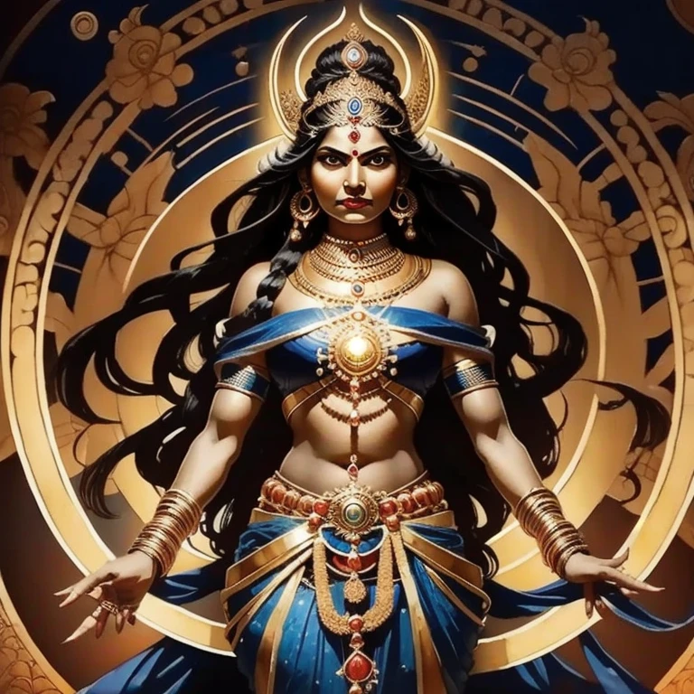 " Dazzling representation of the goddess Kaali with a divine aura in four hands, fierce and powerful,  dark dark night killing monster , Kaali's angry face .