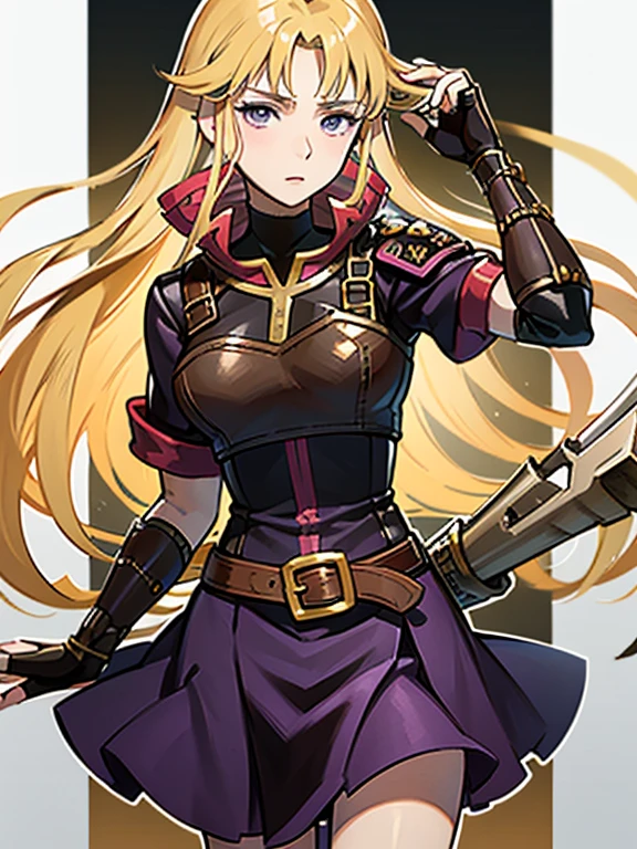 masterpiece, best quality, 1girl, Clarisse (Fire Emblem), long blonde air, indigo eyes, red top, brown leather chest plate, fingerless gloves, purple skirt, belt, she’s holding a bow in one hand, sheaf wrapped behind her back, sheaf filled with arrows
