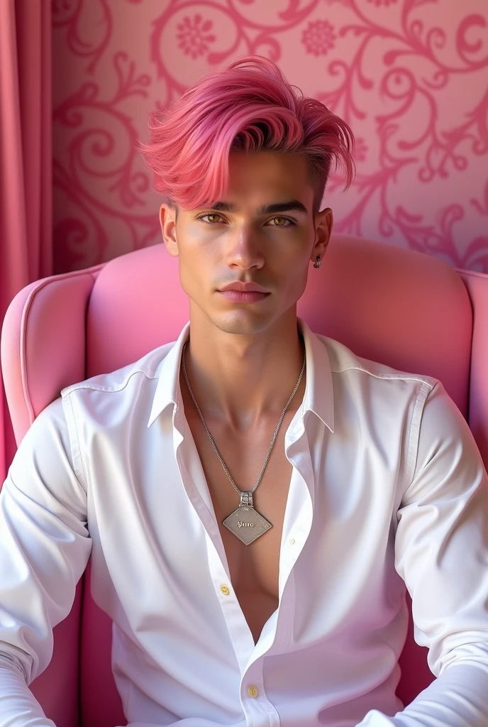 A very sexy 25 year old gay boy, metalhead, wearing only a pink thong, in his bedroom, homoerotic, provocative, lust