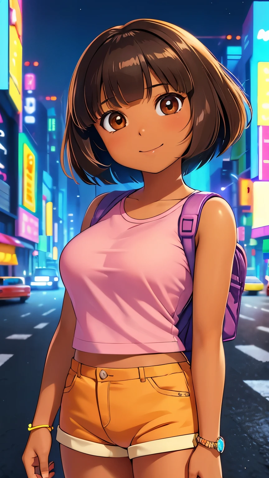 (1girl, solo, highly insanely detailed, masterpiece, top quality, best quality, highres, 4k, 8k, RAW photo), ((innocent look)), ((ish)), From the front, symmetrical composition, smile, cute, Innocent, Kind eyes, large breasts, (Akira - Movie(1988)), (cyberpunk), night, neon light city, solo, Dora, brown eyes, flower, dark-skinned female, (tan), bob cut, pink shirt, orange shorts, bracelet, backpack,
