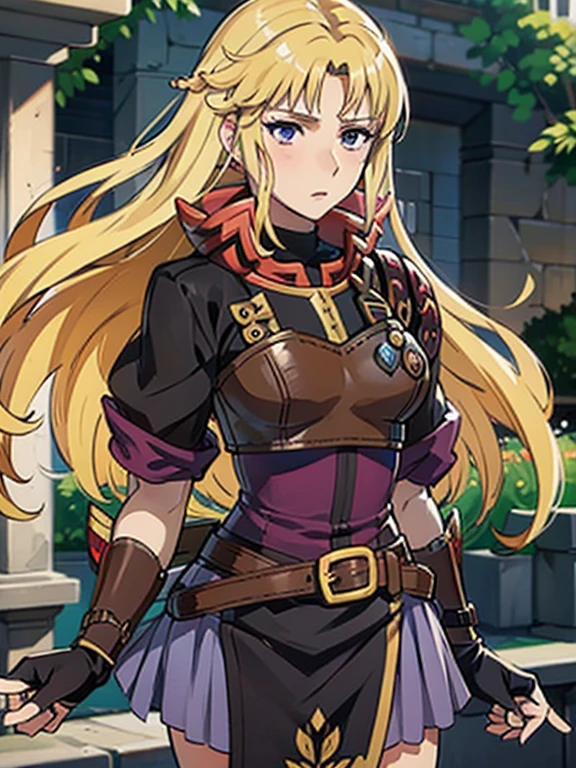 masterpiece, best quality, 1girl, Clarisse (Fire Emblem), long blonde air, indigo eyes, red top, brown leather chest plate, fingerless gloves, purple skirt, belt, she’s holding a bow in one hand, sheaf wrapped behind her back, sheaf filled with arrows
