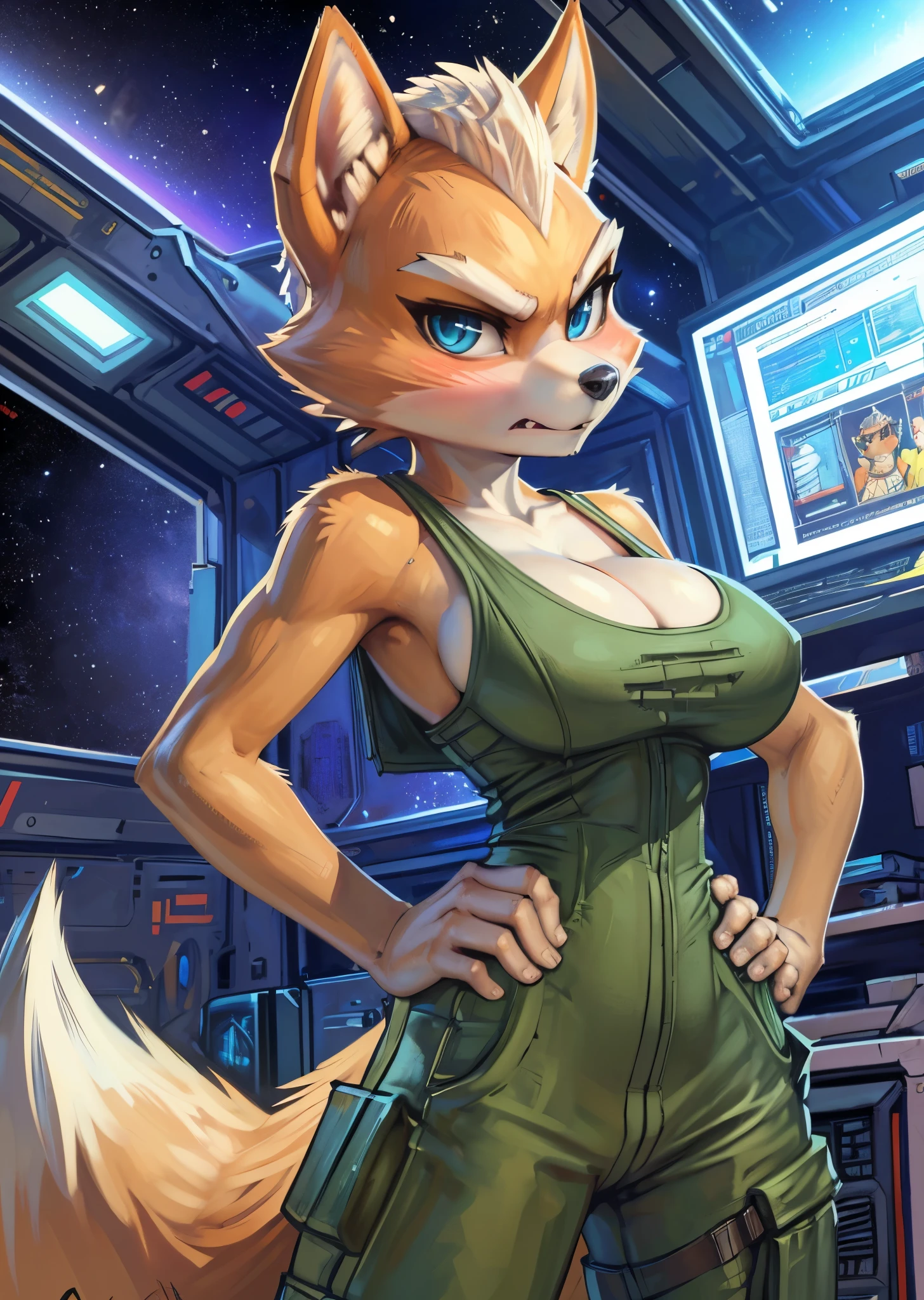 ((fox mccloud)), ((thefuckingdevil)), ((pixelsketcher)), ((wamudraws)), ((cartoon style)), ((high resolution)), ((detailed fur)), ((detailed shading)), ((waist up)), {(slim figure), (toned body), (yellow fur), (black nose), (bleach-blonde mohawk), (cute surprised blue eyes), (large breasts), (eccentuated curves), (blushing), (annoyed expression), (angry)}, {(white tank top), (cleavage), (green cargo pants)}, {(standing), (hand on hips), (looking at viewer)}, ((space ship)), ((white metal room)), ((computers))