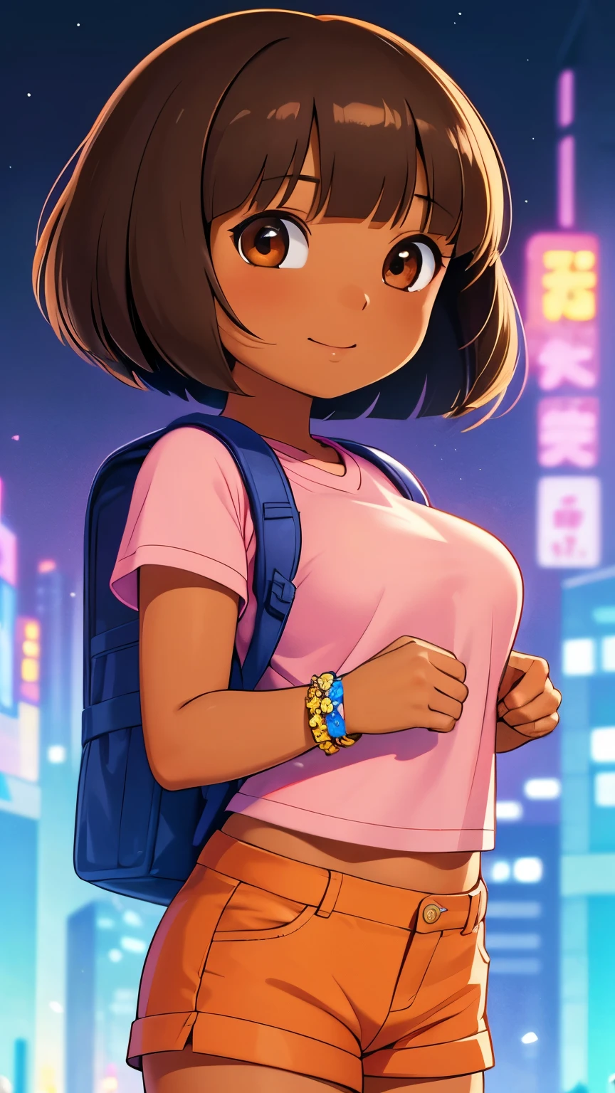 (1girl, solo, highly insanely detailed, masterpiece, top quality, best quality, highres, 4k, 8k, RAW photo), ((innocent look)), ((ish)), From the front, symmetrical composition, smile, cute, Innocent, Kind eyes, large breasts, (Akira - Movie(1988)), (cyberpunk), night, neon light city, solo, Dora,  brown eyes, flower, dark-skinned female, (tan), bob cut, pink shirt, orange shorts, bracelet, backpack,