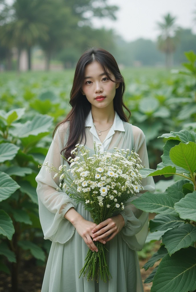 1人, (Full body), Unknown , detailed clothes, (delicate illustration:1.4),(masutepiece:1.0), (Best Quality:1.4), (超A high resolution:1.2), (Photorealistic:1.4), (8K, Raw photo:1.2), (Soft Focus:1.4), (18year old:1.3), (Sharp Focus:1.4), (Renaissance art:1.4), Detailed beautiful face, (Blouse with white collar), Holding an amaryllis flower with both hands