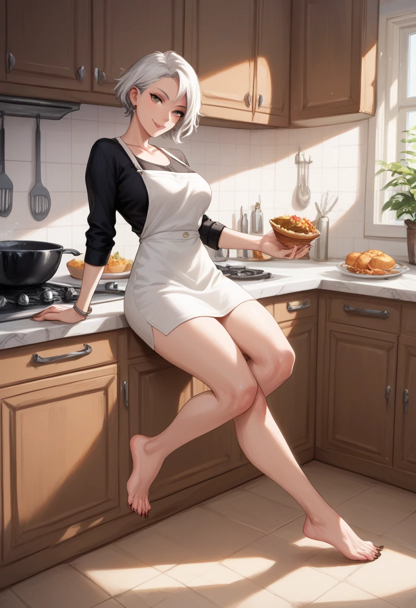 40-year-old woman with short blond hair wearing symbiote Venom with her claws on her hand and full body feet in her kitchen while watching you pose 