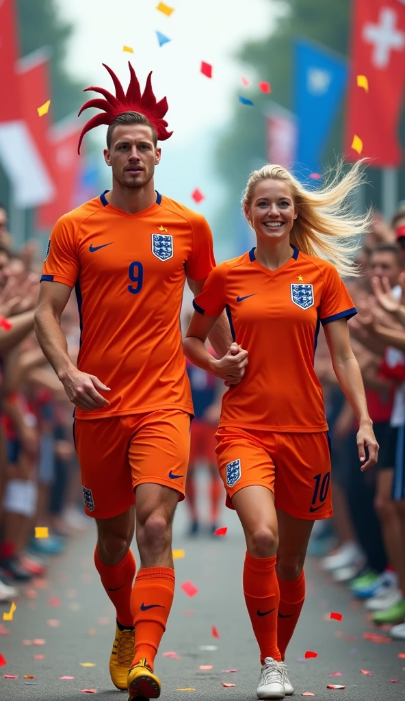 ((best quality)), ((masterpiece)), (detailed), ((couple)) , 1woman, very long blonde hair, England soccer jersey , 1man, ((tall man)) , muscular, handsome, dark, ((short hair)) , wearing England soccer jersey, soccer game, Stadion, summer time