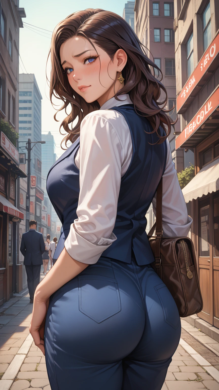(1girl, game cg, illustration, masterpiece, highest quality), Cowboy Shot, ayumi arima, large breasts, beautiful detailed eyes, Beautiful Face, Perfect round ass,
Fit and body, Female Pervert,
alone, Pale skin,
blue eyes, ((Beautiful mature woman)),
White vertical ribbed mini sweater dress、
Captivating smile, Mischievous face, Sweat, vapor, Embarrassing, blush, Excited, ((Spoken Heart, OK、Breathtaking, Sound effect))
Best Sexual Poses, Cover your groin,
Snapshots of the city、Fashion magazine style、Street Fashion Magazines
