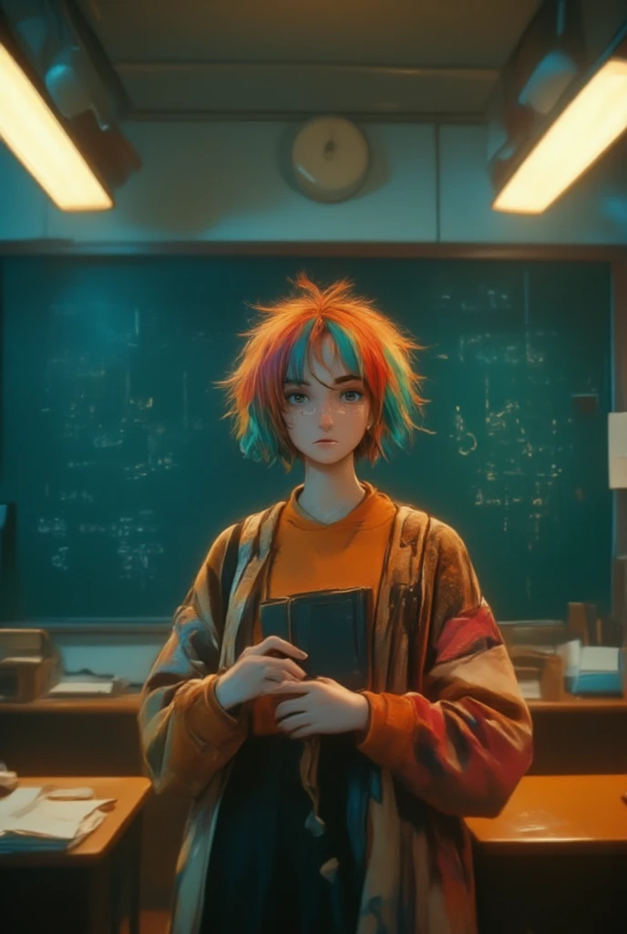 A non-binary student with a big noze and short, multicolored hair stands in a dimly lit classroom, their geeky clothes contrasting with the sterile environment. Soft, warm lights from overhead projectors cast a gentle, amber glow, creating a nostalgic atmosphere. The student holds a vintage book, their expression a mix of determination and vulnerability. In the background, a chalkboard with complex equations adds a sense of academic pressure. The scene is framed with subtle film grain, color-graded with a warm, sepia tone, reminiscent of Wes Anderson's meticulous cinematography.
