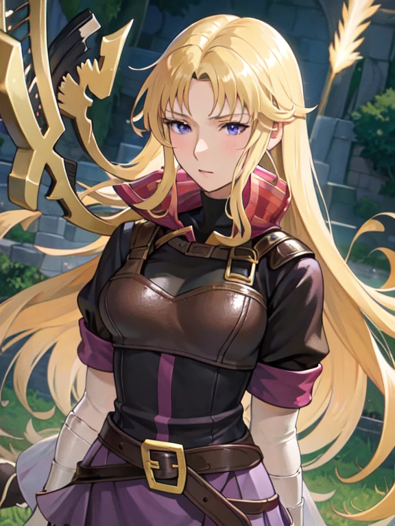 Masterpiece, best quality, 1girl, Clarisse (Fire Emblem), long blonde air, indigo eyes, red top, brown leather chest plate, fingerless gloves, purple skirt, belt, she’s holding a bow in one hand, sheaf wrapped behind her back, sheaf filled with arrows, upper body, hexagon, glowing,light rays, (manga cover:1.2), honeycomb \(pattern\), purple,
