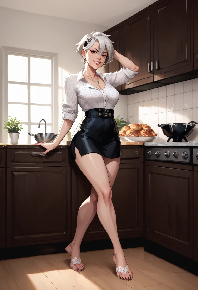 40-year-old woman with short blond hair wearing symbiote Venom with her claws on her hand and full body feet in her kitchen while watching you pose 