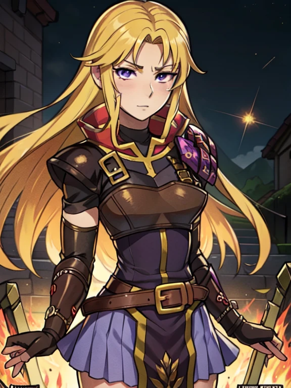 Masterpiece, best quality, 1girl, Clarisse (Fire Emblem), long blonde air, indigo eyes, red top, brown leather chest plate, fingerless gloves, purple skirt, belt, she’s holding a bow in one hand, sheaf wrapped behind her back, sheaf filled with arrows, upper body, hexagon, glowing,light rays, (manga cover:1.2), honeycomb \(pattern\), purple,
