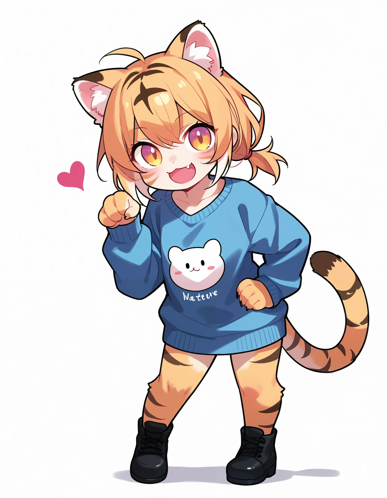 score_9, score_8_up, score_7_up,, colorful, furry, heart, paw pose, simple background, smile, sweater, tail, tiger ears, tiger tail, black footwear, hands on own hips, :3, tiger girl, looking at viewer, white background, fang, chibi, animal ear, standing, animal ear fluff, masterpiece, best quality, newest, very awa