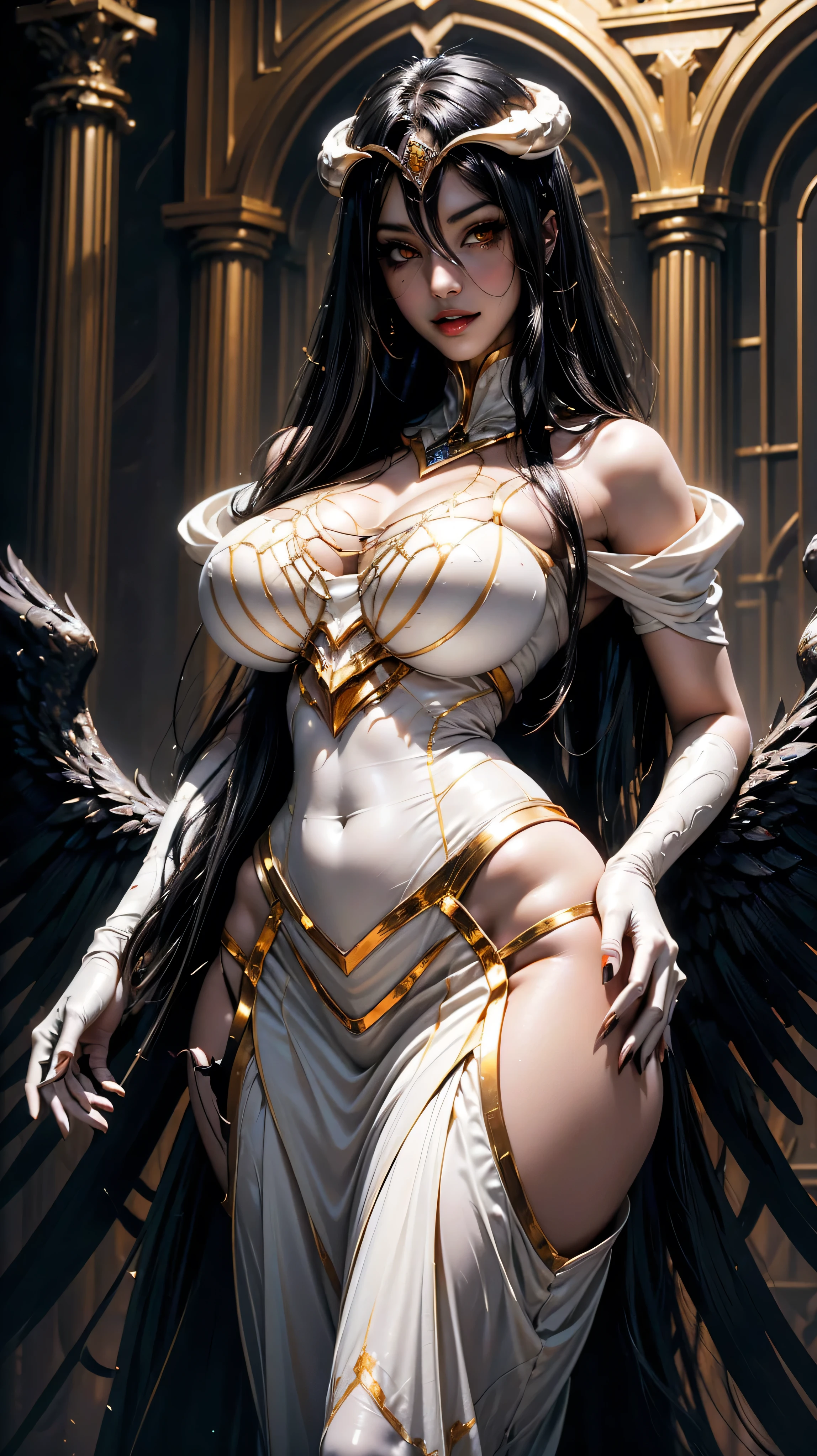 A (super realistic) beautiful sexy woman(albedo _overlord) with (glossy orange eyes) and white attire(detailed with perfect sharpness ) with gold jewellery on sexy breast, beautiful  breast(perfect shape and size), black long beautiful hair, hyper detailed black wings (every thing with best detailing), best pose while standing straight with seducing smile on face in middle, wallpaper pose.