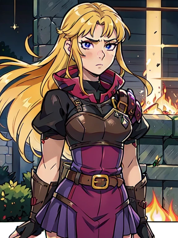 Masterpiece, best quality, 1girl, Clarisse (Fire Emblem), long blonde air, indigo eyes, red top, brown leather chest plate, fingerless gloves, purple skirt, belt, she’s holding a bow in one hand, sheaf wrapped behind her back, sheaf filled with arrows, upper body, hexagon, glowing,light rays, (manga cover:1.2), honeycomb \(pattern\), purple,
