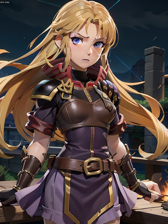 Masterpiece, best quality, 1girl, Clarisse (Fire Emblem), long blonde air, indigo eyes, red top, brown leather chest plate, fingerless gloves, purple skirt, belt, she’s holding a bow in one hand, sheaf wrapped behind her back, sheaf filled with arrows, upper body, hexagon, glowing,light rays, (manga cover:1.2), honeycomb \(pattern\), purple,
