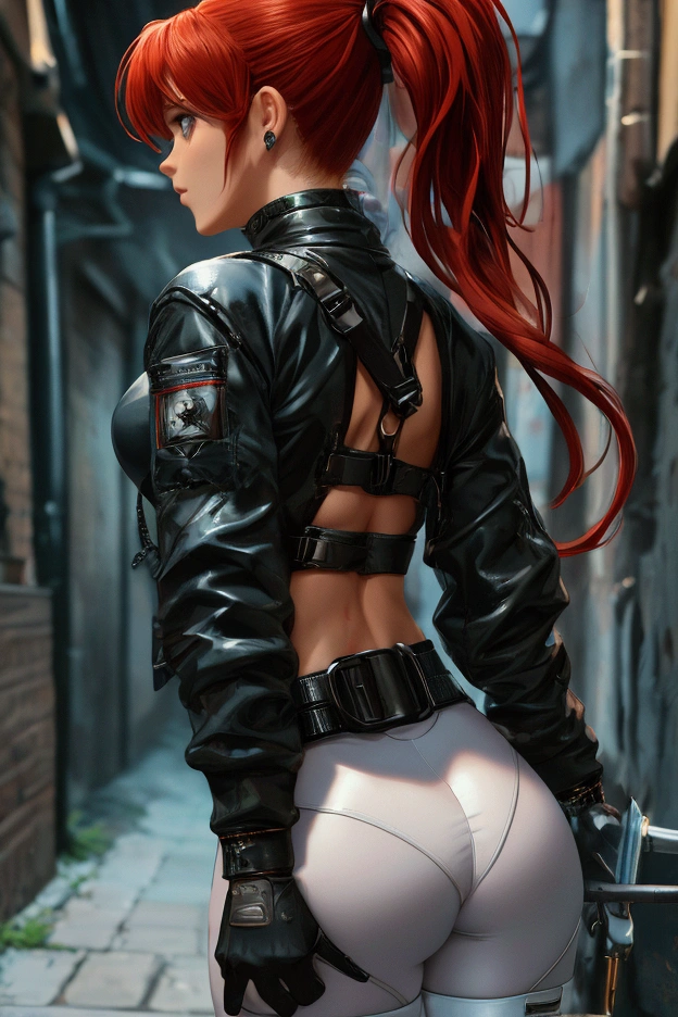 8K, super detailed, ultra resolution, woman her back looking at the camera, perfect ass, full body, legs and feet, attack position long red hair with ponytail, blue camouflage short bomber jacket with white velvet collar flap, black bra top, white leggings with leather harness on thighs, black thigh high  boots with heel, she grasps two futuristic swords, dark city alley, dark fantasy, cinematic.