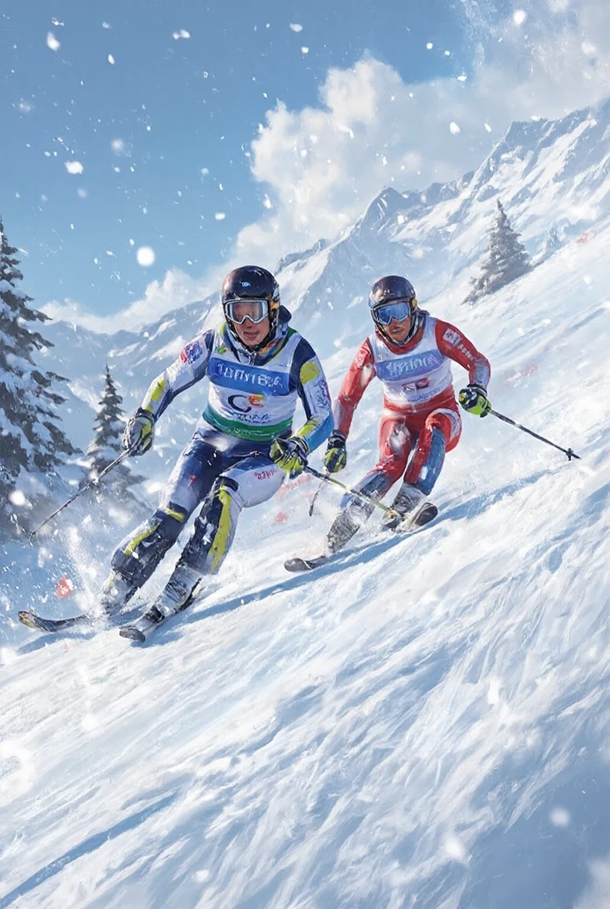 ski sprints, skiers skiing, dynamic effects, falling snow, clear skies, strong sunlight, effective effects, bold and dynamic, contrasts of light and shadow, 2.5D, ultra detailed, absolutely resolution, masterpiece