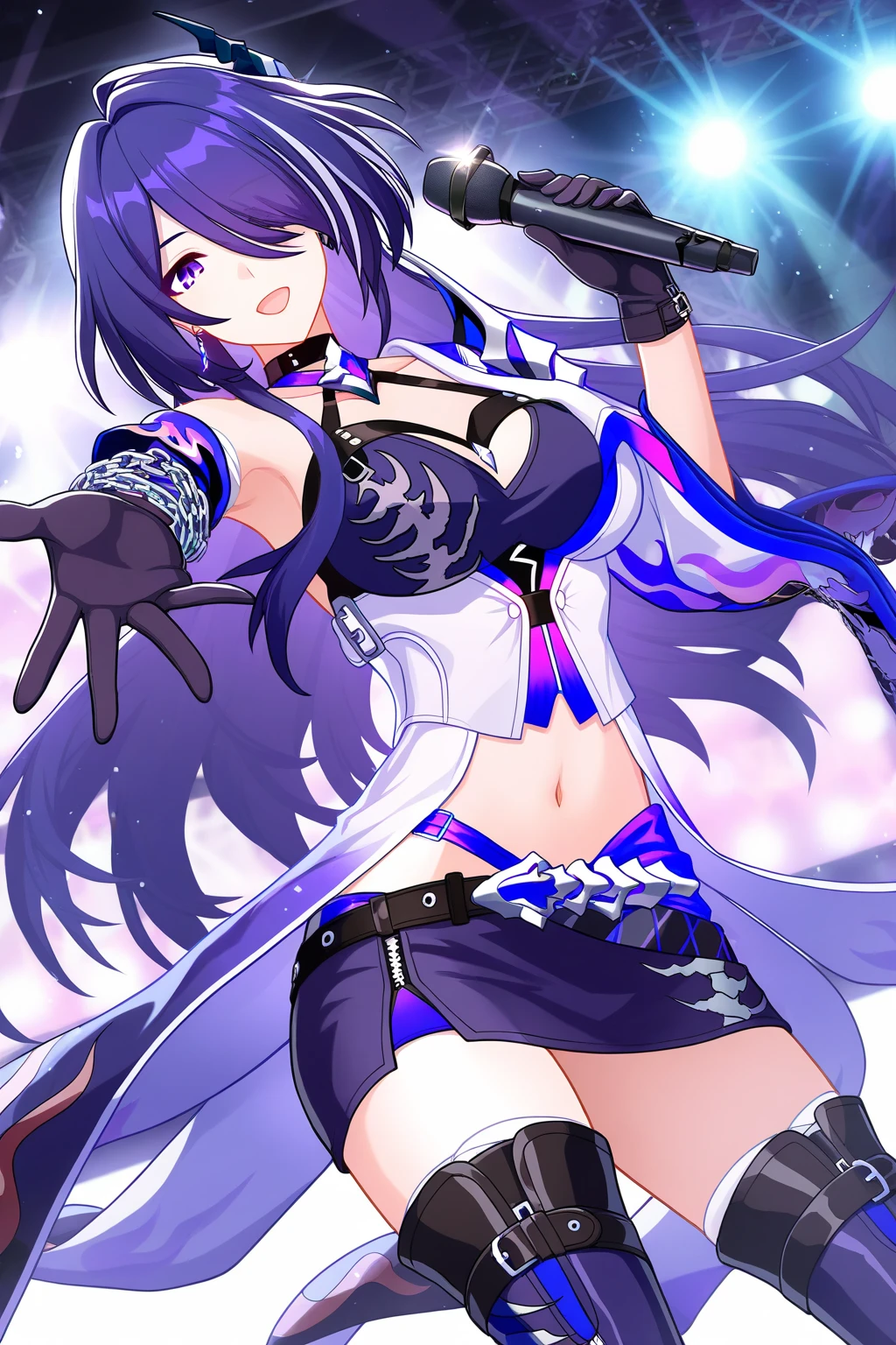 1girl, holding, gloves, skirt, navel, purple skirt, solo, looking at viewer, smile, microphone, holding microphone, open mouth, boots, choker, outstretched arm, thighhighs, breasts, sleeveless, sparkle, stage, hair ornament, shirt, outstretched hand, frills, purple gloves, dutch angle, reaching, frilled skirt, collarbone, sleeveless shirt, bow, thigh boots, reaching towards viewer, midriff peek, bare shoulders, purple footwear, vest, light particles, midriff, star \(symbol\), jewelry, purple bow, armpits, miniskirt, stage lights, stomach cutout, idol, zettai ryouiki, frilled gloves, black choker, singing, purple shirt, hair bow, glint, layered skirt, purple choker, music, chain, clothing cutout, flower, Acheron, honkai star rail