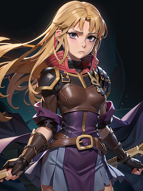 Masterpiece, best quality, 1girl, Clarisse (Fire Emblem), long blonde air, indigo eyes, red top, brown leather chest plate, fingerless gloves, purple skirt, belt, she’s holding a bow in one hand, sheaf wrapped behind her back, sheaf filled with arrows, upper body, hexagon, glowing,light rays, (manga cover:1.2), simple purple background
