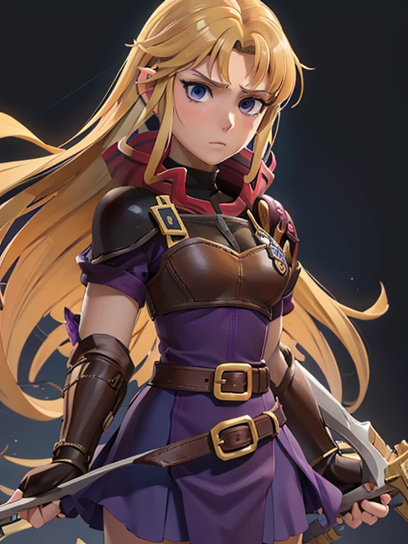 Masterpiece, best quality, 1girl, Clarisse (Fire Emblem), long blonde air, indigo eyes, red top, brown leather chest plate, fingerless gloves, purple skirt, belt, she’s holding a bow in one hand, sheaf wrapped behind her back, sheaf filled with arrows, upper body, glowing, light rays, (manga cover:1.2), simple purple background
