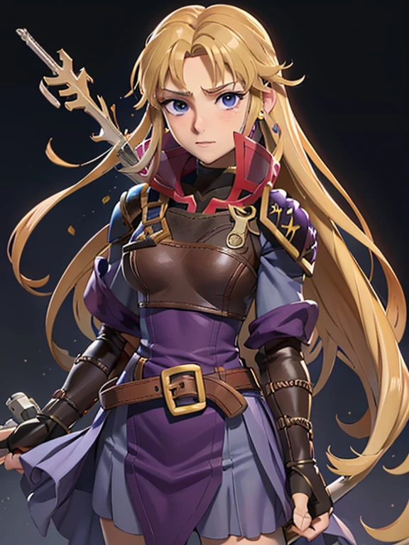 Masterpiece, best quality, 1girl, Clarisse (Fire Emblem), long blonde air, indigo eyes, red top, brown leather chest plate, fingerless gloves, purple skirt, belt, she’s holding a bow in one hand, sheaf wrapped behind her back, sheaf filled with arrows, upper body, (manga cover:1.2), simple purple background
