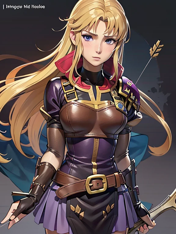 Masterpiece, best quality, 1girl, Clarisse (Fire Emblem), long blonde air, indigo eyes, red top, brown leather chest plate, fingerless gloves, purple skirt, belt, she’s holding a bow in one hand, sheaf wrapped behind her back, sheaf filled with arrows, upper body, (manga cover:1.2), simple purple background
